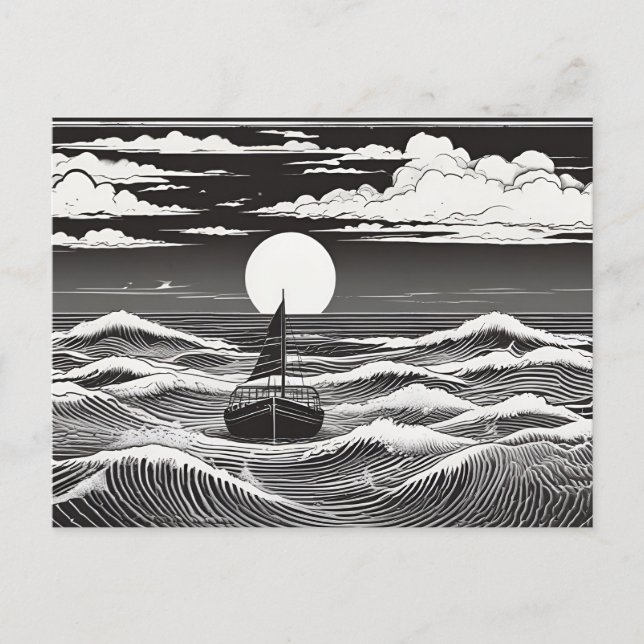Carte Postale Black & White Lonely Sailboat Moon Waves (Devant)