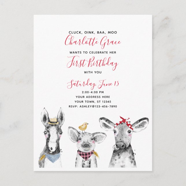 Carte Postale Black White Red Script Farm Invitation Anniversair (Devant)