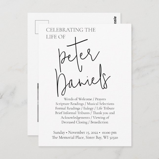 Carte postale Black & White Script Photo Funeral (Devant / Derrière)