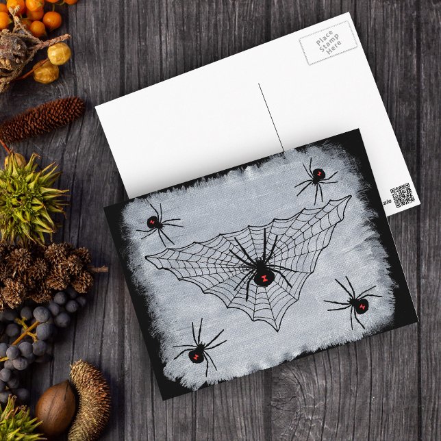 Carte Postale Black Widow Spider Web Postcard (Spooky spider web with black widow spiders on textured white and black postcard.)