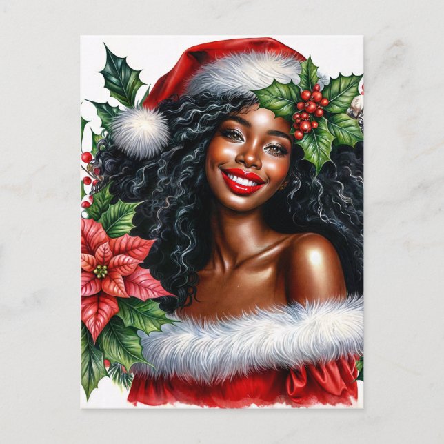 Carte Postale Black Woman In Santa Hat Christmas (Devant)