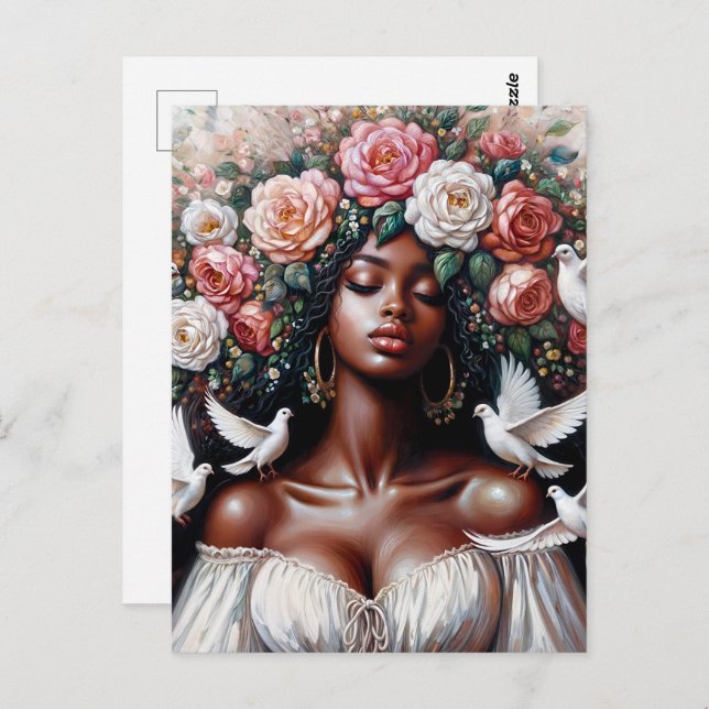 Carte Postale Black Woman With Doves Floral Art (Devant / Derrière)
