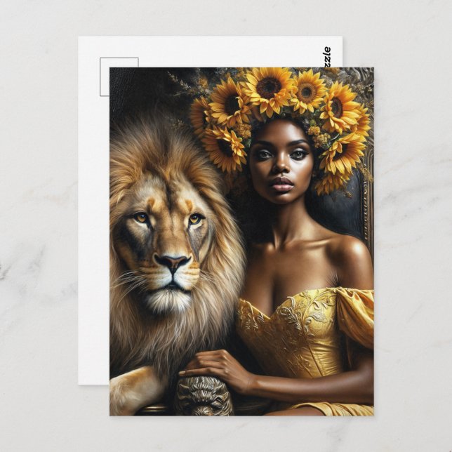 Carte Postale Black Woman With Lion Sunflower Leo (Devant / Derrière)