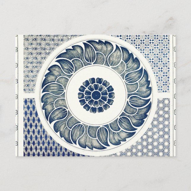 Carte Postale Blanc bleu Floral chinois rond (Devant)