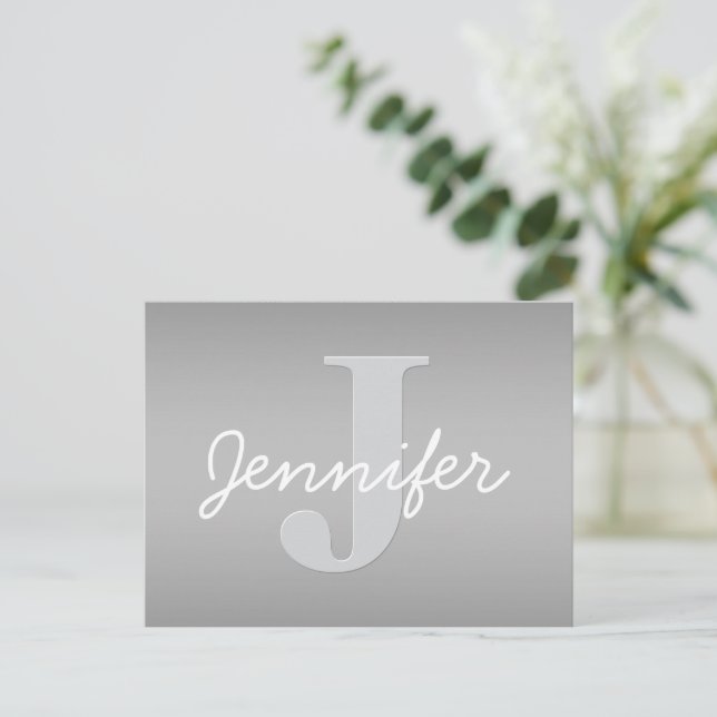 Carte Postale Blanc Cursive & Monogramme Gris | Couleurs Modifia (Debout devant)