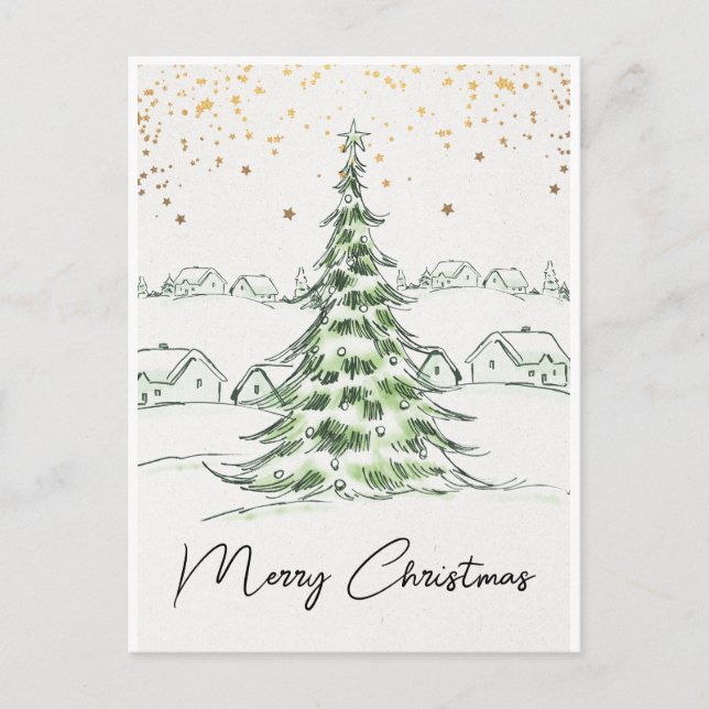 Carte Postale Blanc et vert Joyeux Noël dessiné à la main (Devant)