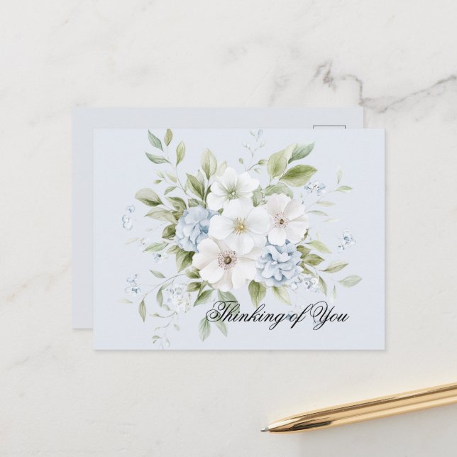 Carte Postale Blanc Floral Bleu Ciel Pâle (Devant/Arrière en situation)