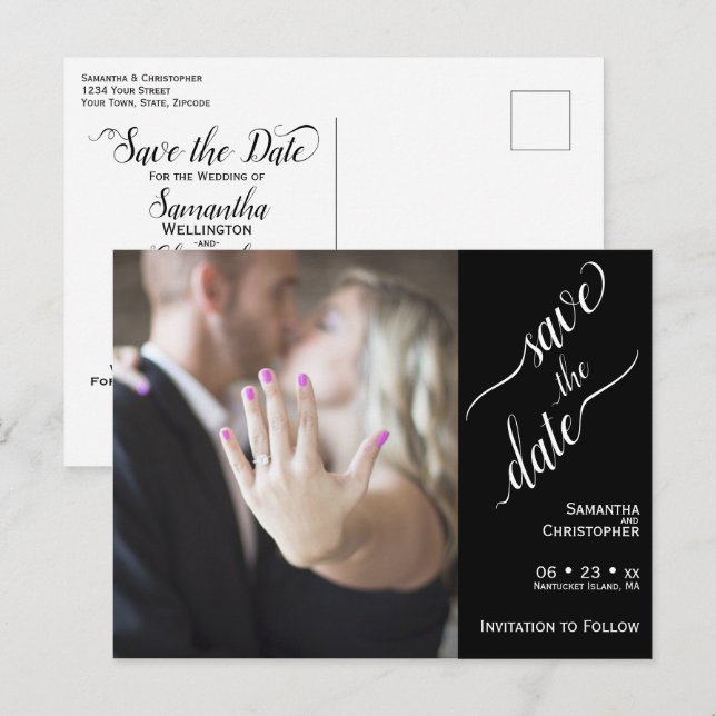 Carte Postale Blanc minimal sur Noir Mariage Enregistrer la phot (Devant / Derrière)