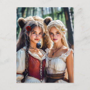 Carte Postale Blanche-Neige et Rose-Rouge avec l'ours