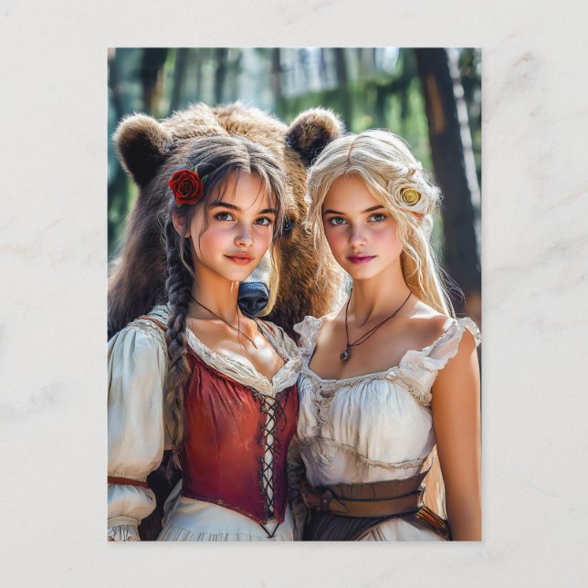 Carte Postale Blanche-Neige et Rose-Rouge avec l'ours (Devant)