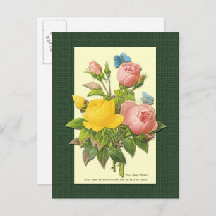 Carte postale blanche Rose rose et jaune
