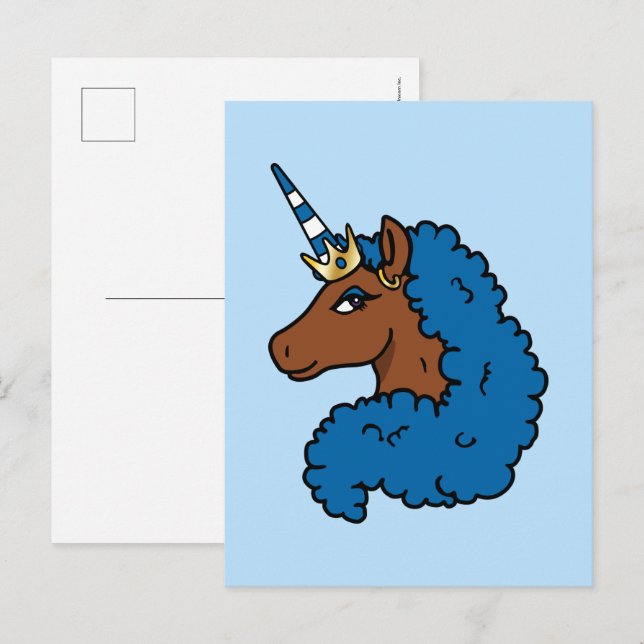 Carte Postale Bleu Afro Unicorn (Devant / Derrière)