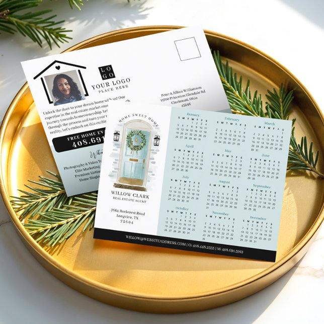 Carte Postale Bleu Aquarelle Porte Immobilier Calendrier 2025 (Blue Watercolor Door Real Estate Calendar 2025 Postcard)