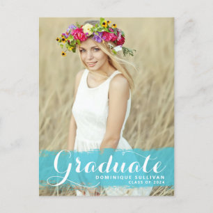 Carte Postale Bleu Aquarelle Splash Photo Graduation