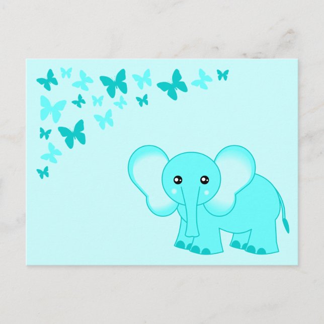 Carte postale Bleu Bébé Eléphant Et Papillons (Devant)