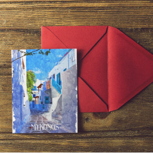 Carte Postale Bleu blanc élégant Mykonos Grèce Aquarelle