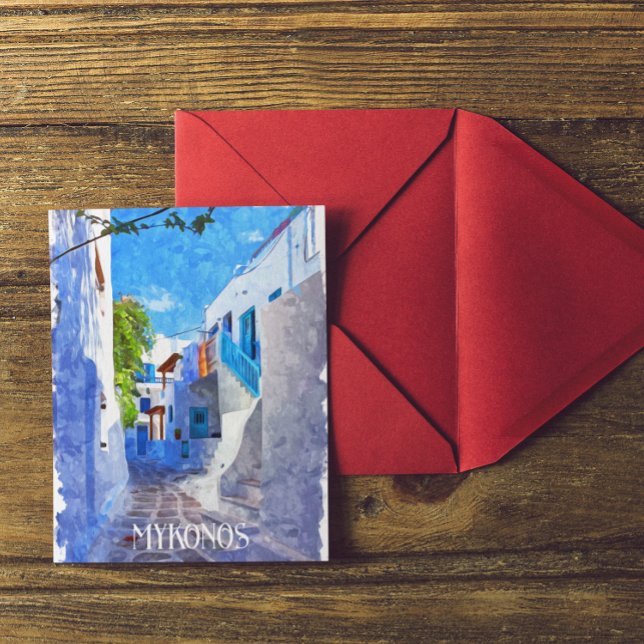 Carte Postale Bleu blanc élégant Mykonos Grèce Aquarelle (mykonos greek island blue white postcard)