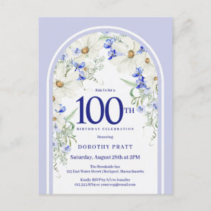 Carte Postale Bleu Blanc Floral Boho Arch 100e fête d'anniversai