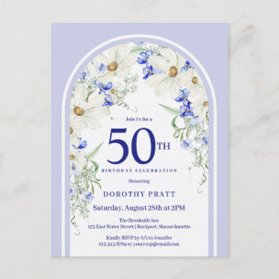 Carte Postale Bleu Blanc Floral Boho Arch 50e fête d'anniversair