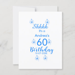 Carte Postale Bleu blanc mauve shhhh 60e anniversaire floral nom