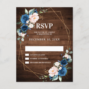 Carte Postale Bleu bleu marine Bois rustique Or géométrique RSVP
