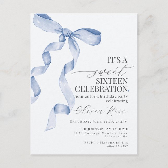 Carte Postale Bleu Bow Sweet sixteen Anniversaire Fête Invitatio (Devant)