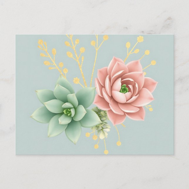 Carte Postale Bleu clair avec des succulentes roses et vertes (Devant)