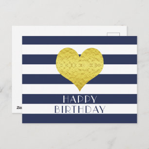 Carte Postale Bleu Coeur Or Et Blanc Joyeux Anniversaire