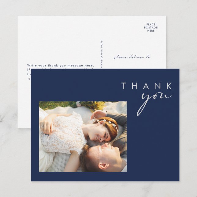 Carte Postale Bleu de marine moderne | Merci photo Silver Script (Devant / Derrière)