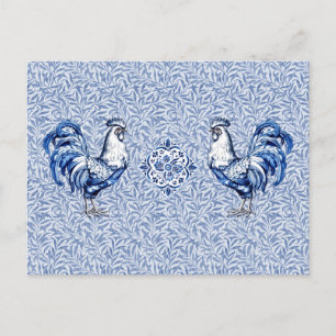 Carte Postale Bleu Delft Et Poulet Blanc Rooster