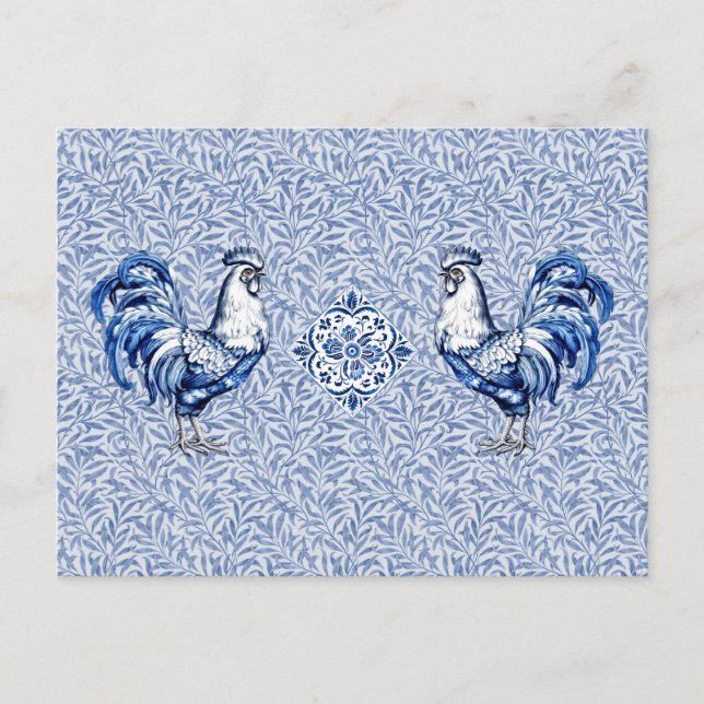 Carte Postale Bleu Delft Et Poulet Blanc Rooster (Devant)