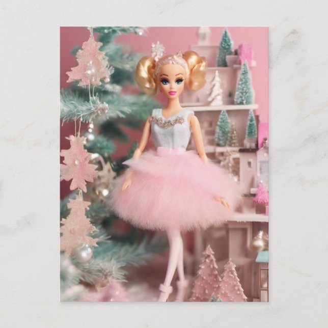 Carte Postale Bleu Doux Poupée rose Retro Noël (Devant)