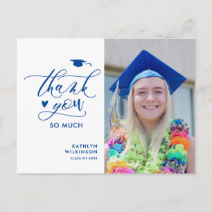 Carte Postale Bleu Elegant Script Photo Graduation Merci