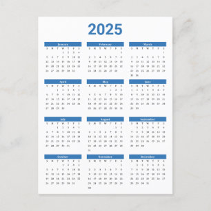 Carte Postale Bleu et blanc 2025 Année en un coup d'oeil Calendr