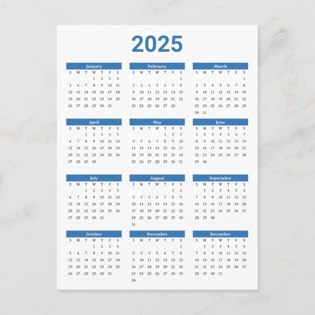 Carte Postale Bleu et blanc 2025 Année en un coup d'oeil Calendr (Devant)
