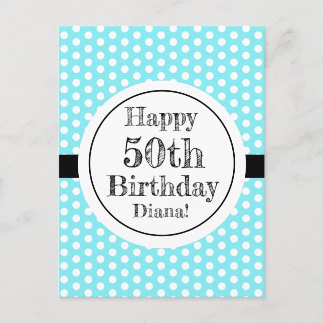Carte Postale Bleu Et Blanc 50 Ans Anniversaire Points Polka (Devant)