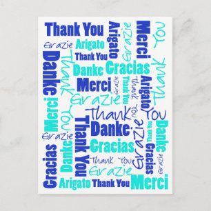 Carte Postale Bleu et turquoise multilingue Merci