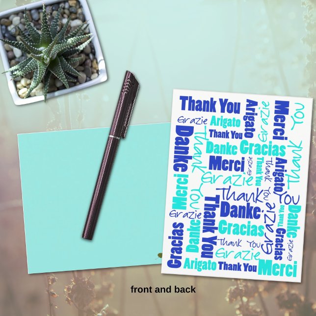 Carte Postale Bleu et turquoise multilingue Merci (Front multilingual blue and turquoise thank you typography postcard.)