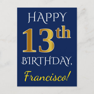 Carte Postale Bleu, Faux Or 13e Anniversaire + Nom Personnalisé