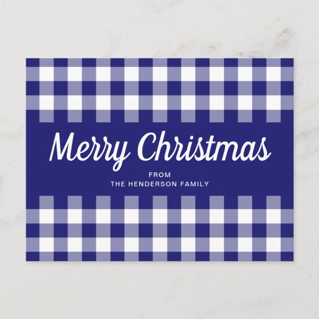 Carte Postale Bleu Gingham Carreaux Script Joyeux Noël (Devant)