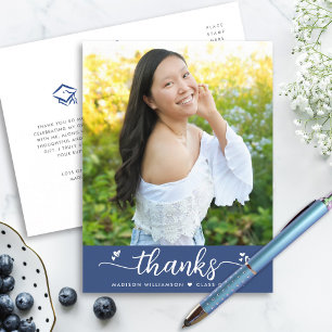Carte Postale Bleu Graduation Photo Chic Script Coeurs Merci
