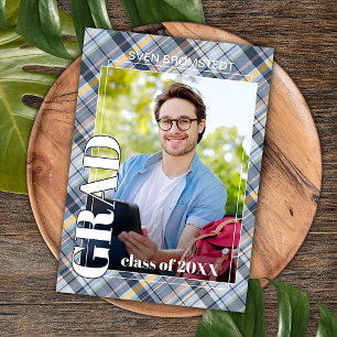 Carte Postale Bleu Gris Tartan Plaid Faire-part de graduation