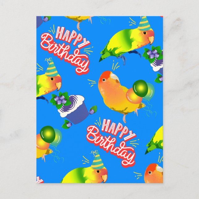 Carte Postale Bleu joyeux Joyeux Oiseaux d'anniversaire Lovebird (Devant)