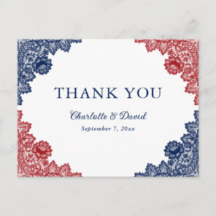 Carte Postale Bleu marine et rouge floral dentelle mariage remer