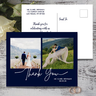 Carte Postale Bleu marine remerciement de mariage photo écriture