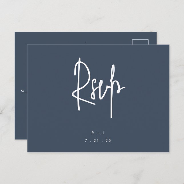 Carte postale bleu marine simple de mariage RSVP (Devant / Derrière)
