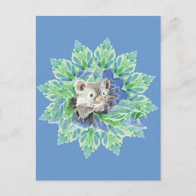 Carte Postale Bleu mignon, Hamster vert en Lit feuillet pour Enf (Devant)