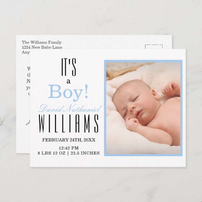 Carte Postale Bleu moderne C'est un GARÇON ! Faire-part de naiss (Devant / Derrière)