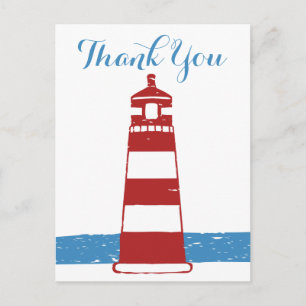 Carte Postale Bleu Nautique Merci Rouge & Blanc Phare Mer