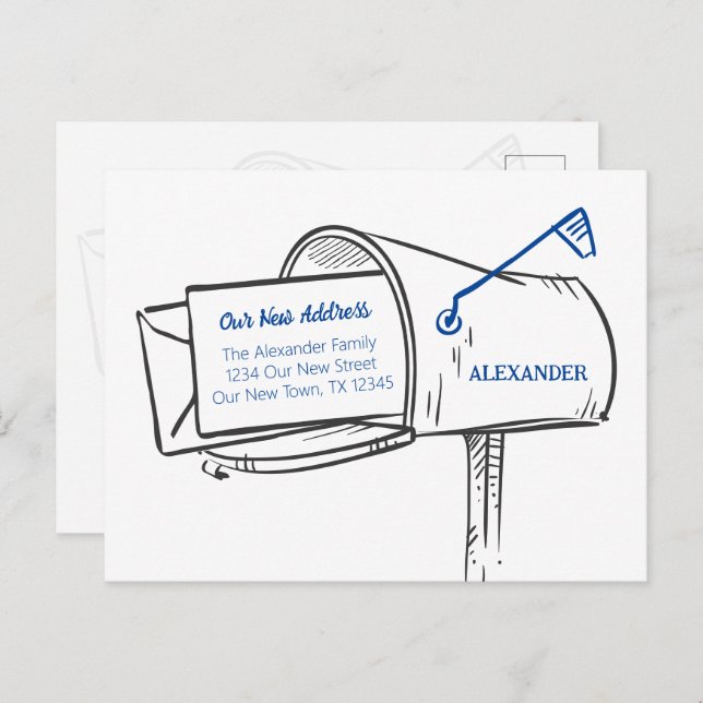 Carte Postale Bleu Nous avons Déplacé la boîte aux lettres en dé (Devant / Derrière)